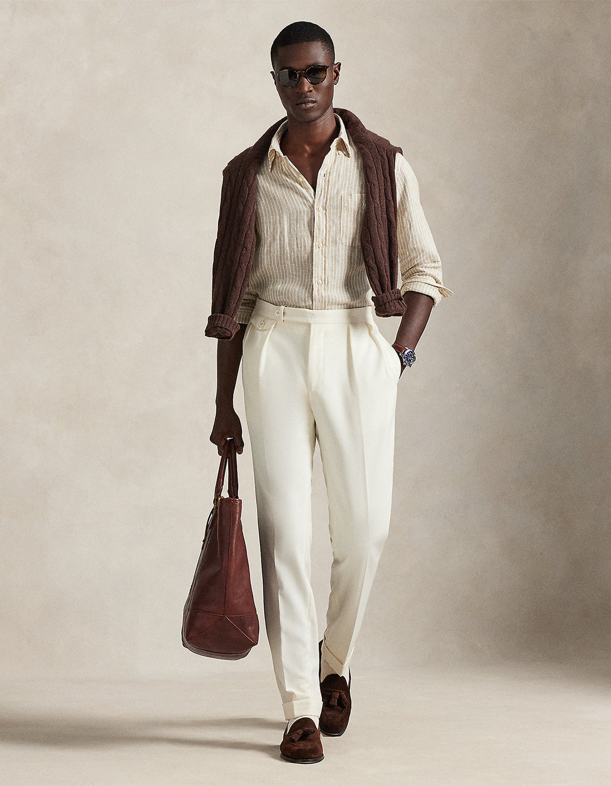 Camisa de lino a rayas beige y blanco