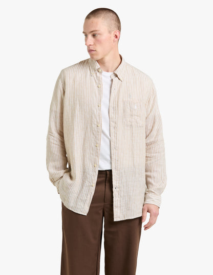 Camisa de lino a rayas beige y blanco